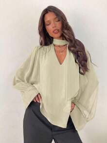 Blusa elegante de gasa con cuello en V profundo y mangas largas con lazo para mujer - Verde - Ver 5