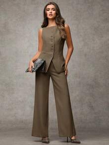 Traje de pantalón sin mangas negro para mujer con detalles de botones dorados con rosas, casual de negocios para otoño/invierno - Marrón 2 - Ver 6