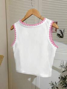 4 piezas Camiseta de mujer con cuello redondo bordada con pimiento picante y limón - Blanco - Ver 2