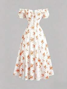 Vestido de mujer con estampado floral ditsy, hombros descubiertos, volantes en el bajo y abertura lateral - Naranja - Ver 1