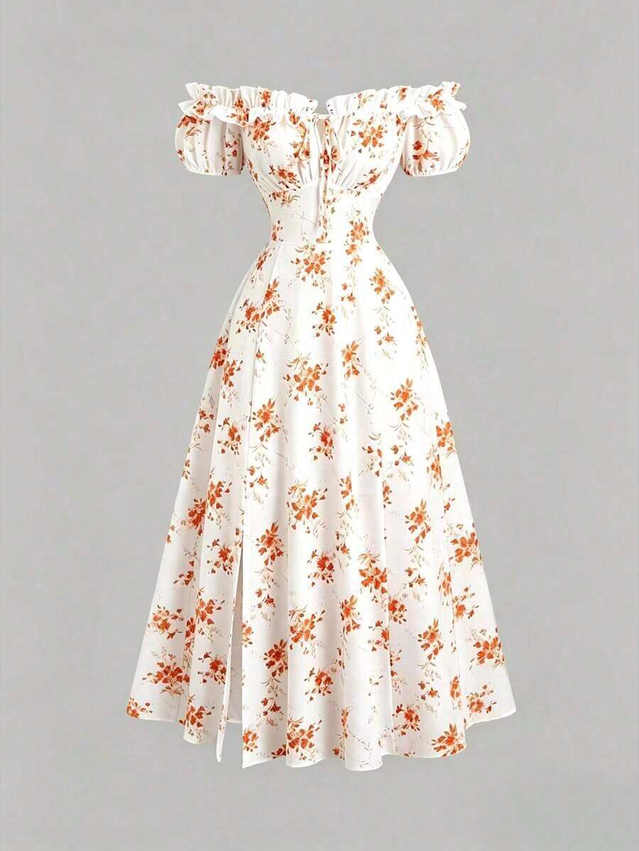 Vestido de mujer con estampado floral ditsy, hombros descubiertos, volantes en el bajo y abertura lateral - Naranja - Ver 1