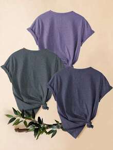 3 piezas Paquete mixto Camiseta con estampado de letras estilo retro cómoda, Parte superior deportiva de manga corta y cuello redondo informal para mujer, Ropa de verano - Multicolor - Ver 2