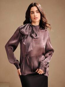 Blusa elegante y chic de cuello alto, manga larga y puños con lazo para uso diario - Morado - Ver 4