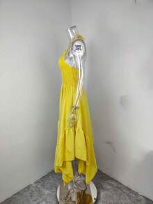 Vestido largo unicolor primavera falda amplia elegante estilo europeo de moda para mujer - Amarillo - Ver 6