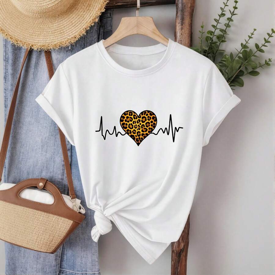 Playera Mujer Cuello Redondo 100% Algodón Estampado de Corazón con Leopardo Uso Diario Casual Tela Elástica Sin Arrugas Top Casual de Uso Diario|Top Veraniego Casual - Blanco - Ver 1