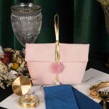 1Pc Minimalist Premium Pink Polyester Candy Bag, Mink Fur Spliced Leather Velvet With Pearl Decor, Large Capacity Wedding Favor Handbag, Candy & Jewelry Storage, Portable Cosmetic Pouch For Travel Party Festival - Velvet Gift Bag - View 3