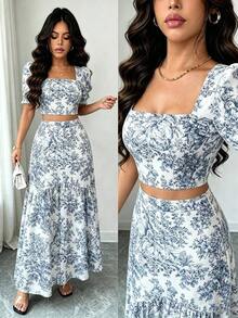 Elenzya Conjunto de blusa de manga corta con cuello cuadrado y estampado floral azul y blanco, y falda con cintura ceñida y bajo de cola de sirena.Elegante y encantador para uso diario, vacaciones, viajes, sexy, moda, citas, estilo callejero francés retro y versátil.Blusa de manga corta + conjunto de falda, base blanca con estampado azul, nuevo para primavera y verano - Multicolor 2 - Ver 1