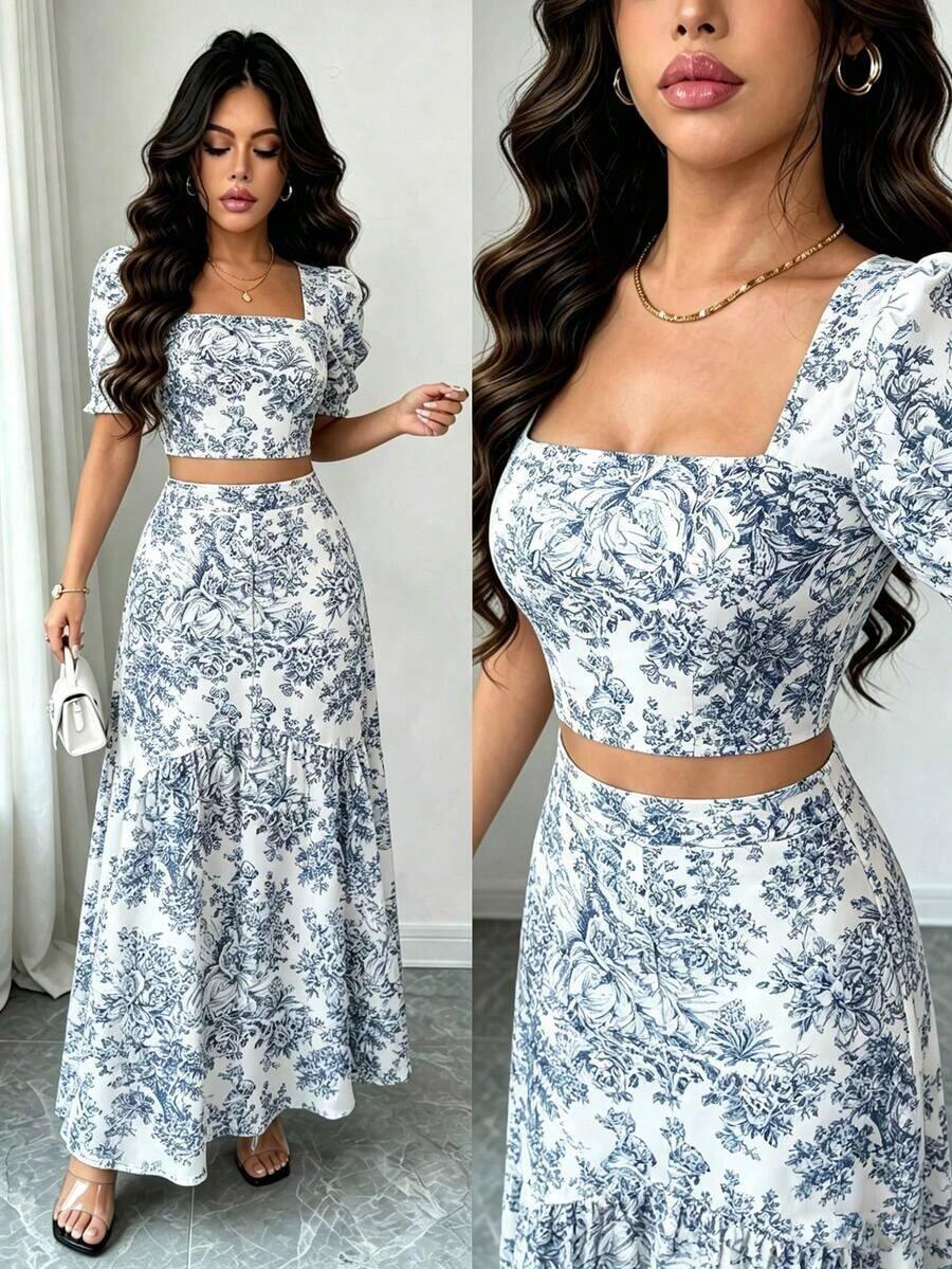 Elenzya Conjunto de blusa de manga corta con cuello cuadrado y estampado floral azul y blanco, y falda con cintura ceñida y bajo de cola de sirena.Elegante y encantador para uso diario, vacaciones, viajes, sexy, moda, citas, estilo callejero francés retro y versátil.Blusa de manga corta + conjunto de falda, base blanca con estampado azul, nuevo para primavera y verano - Multicolor 2 - Ver 1