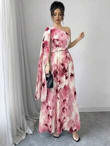 Vestido elegante de talle alto con hombro asimétrico, abertura lateral y estampado aleatorio, estilo fashionable para vacaciones - Rosa - Ver 4