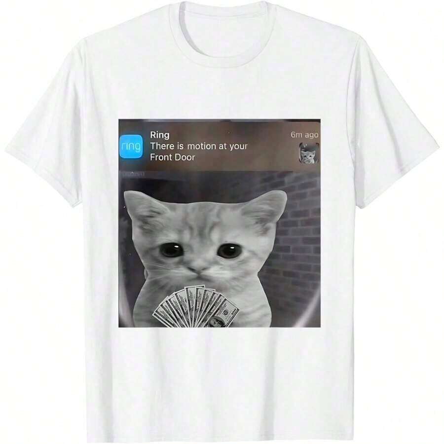Camiseta Divertida con Meme de Gato con Movimiento, Camiseta de Algodón Grueso Clásica de Manga Corta, Estampada con Gráficos, Top Casual de Manga Corta para Mujer - Blanco - Ver 1