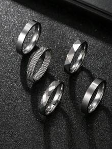 5pcs 4mm Wide Stainless Steel Rings, Silver Color, Faceted Rings, Suitable For Men, Daily Wear, Gift For Husband, Classmates, Boyfriend - Silver - View 3