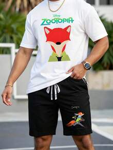 Officially Licensed Authentic Disney Zootopia Nick Wilde Fox Graphic 2 Piece Outfit Men's Crew Neck Short Sleeve T‑Shirt Elastic Drawstring Waist Loose Casual Shorts Set Summer Movie Fan Theme Park Vacation Travel Family Matching Daily Loungewear Holiday Adventure Activewear Apparel - White - View 1