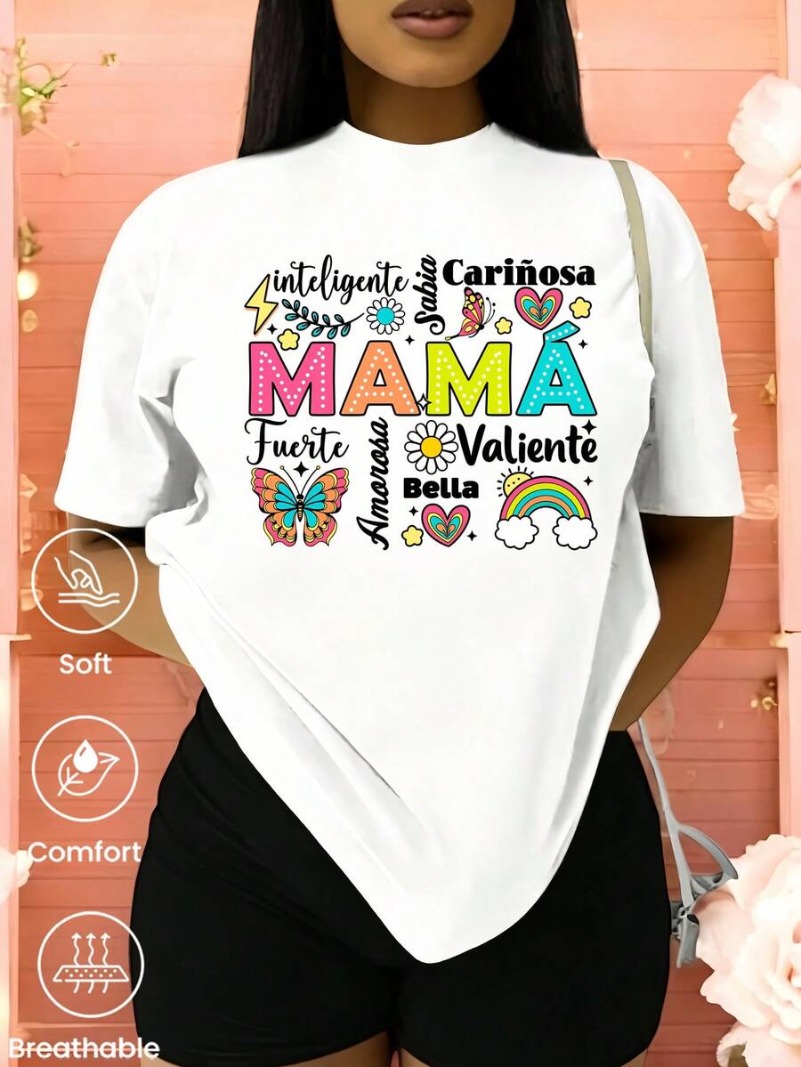 180 g Hecho en México, Moda Primavera/Verano 2026 Camiseta de manga corta, Estampado de dibujos animados, Estilo para parejas, Ropa interior/exterior, Cuello redondo informal para la oficina, Top unisex de una pieza - Blanco - Ver 1