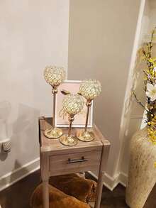 Juego de 3 candelabros de metal con cristales dorados, portavelas de cristal alto elegante para centro de mesa, decoración de velas para bodas, cumpleaños, graduación y decoración del hogar - Oro - Ver 6