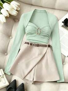 Nuevo conjunto de moda elegante estilo francés, blusa de cuello cuadrado con pliegues que favorece el busto, camiseta de manga larga de ajuste ceñido + falda-pantalón asimétrica de cintura elástica, conjunto casual y versátil de 2 piezas para muje - verde menta - Ver 5