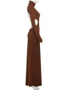 Vestido largo liso cuello alto verano 2025, ajustado elegante con espalda descubierta estilo moda - Marrón - Ver 4