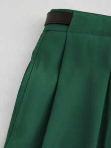 Pantalones rectos de cintura media de unicolor elegante con cinturón, negro, primavera - Verde - Ver 5