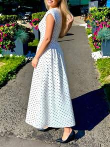 Vestido largo primavera 2026, estilo francés lunares cuello redondo cintura marcada corte elegante - Blanco - Ver 4