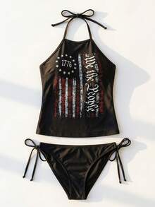 Women's Patriotic 1776 We The People Print Halter Tankini Swimsuit, American Flag Graphic High Neck Drawstring Side 2-Piece Bathing Suit, Independence Day Beach Swimwear - 黑色 - 查看 15