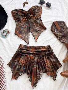 Nuevo conjunto de dos piezas estilo resort para mujer: top de malla estampado con diseño retorcido y falda irregular. - Flor - Ver 8