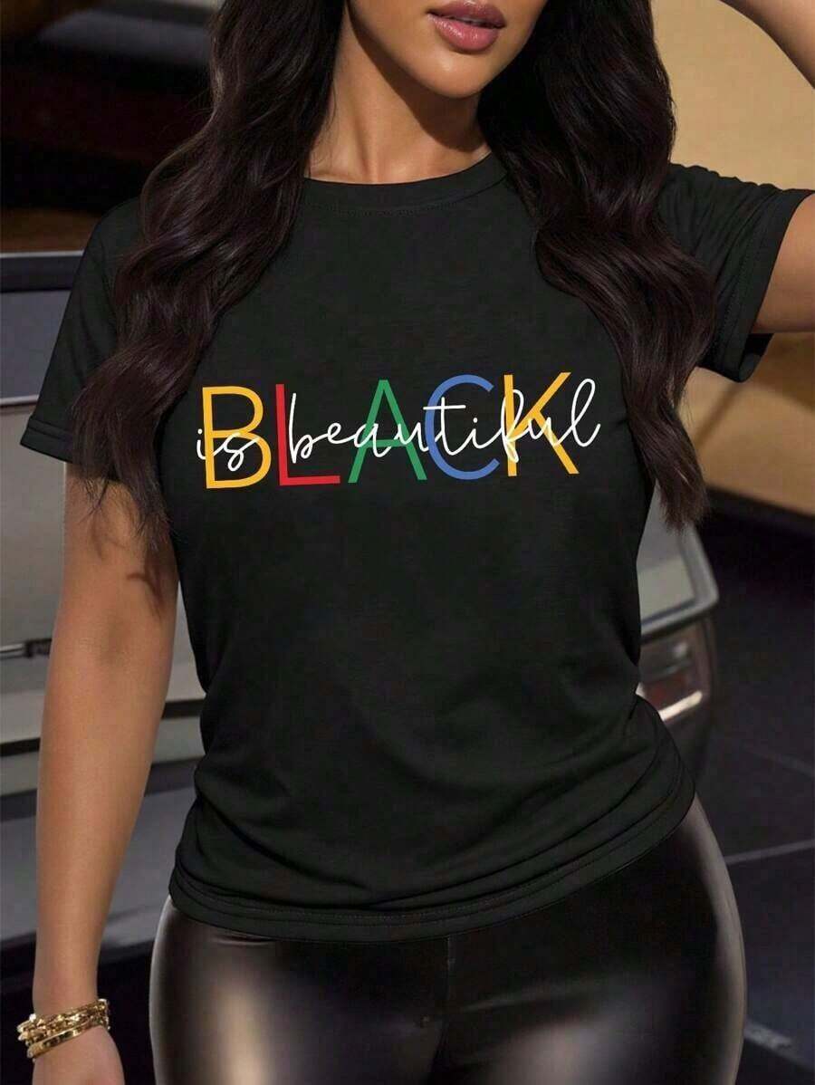 Women's Short-Sleeved T-Shirt With Round Neck And Colorful Letter Print, For Summer - 黑色 - 查看 1
