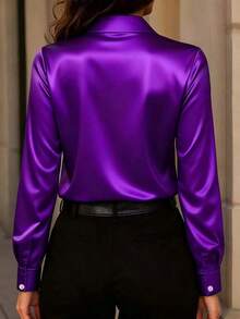 Camisa de satén con botones para mujer, de nueva llegada, de moda, versátil y adecuada para todas las estaciones, color rojo primavera - Morado - Ver 2