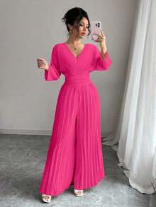 Mono elegante de pierna ancha con escote cruzado en V, mangas tipo murciélago y pliegues, en color liso para mujer - Rosa Fucsia - Ver 5