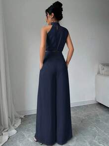 Conjunto de dos piezas para mujer con top de cuello apilado elegante color albaricoque y pantalones de pierna ancha, ropa de maestra, pantalones ligeros y cómodos, conjunto de dos piezas con top sin mangas asimétrico, adecuado para primavera, verano y otoño, conjunto de dos piezas con pantalones holgados, conjunto de dos piezas de diseñador, atuendo para mujeres para conciertos, vestido de noche elegante, adecuado para uso diario, fiestas, temporada de graduación, temporada de bodas, disfraces para actuaciones - Azul marino - Ver 3