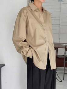 Camisa holgada con botones y hombros caídos, manga larga, ropa de otoño - Caqui - Ver 9