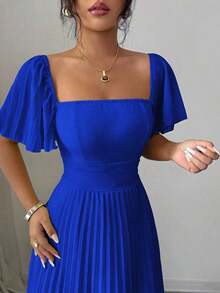 Vestido de línea A para mujer de color amarillo crema con cuello cuadrado y cintura ceñida, elegante y romántico - azul real - Ver 6