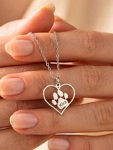 1pc Custom Paw Print Heart Name Stainless Steel Necklace, Paw Print Necklace, Pet Commemorative Necklace, Pet Souvenir, Gifts For Dog Lovers, Cat Lovers, Pet Bracelet Gifts For Mom, Cute Heart Paw Print Ornaments, Custom Pet Name Necklaces, Everyday Versatile Necklaces, Mother's Day Gifts, Personalized Anniversary Gifts, Birthday Gifts For Her - Multicolor - View 7