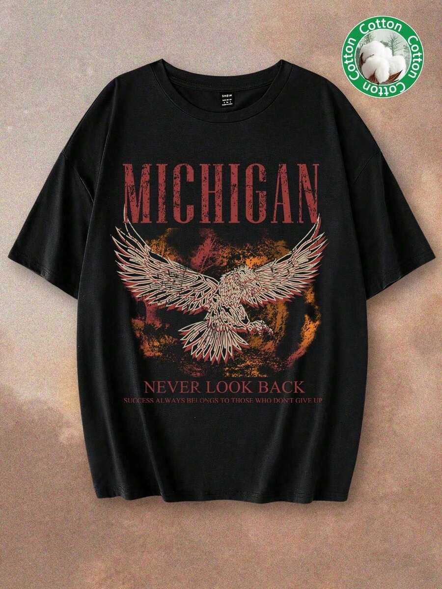 Camiseta de manga corta para mujer con estampado de águila, apta para uso diario, salidas casuales, fines de semana y vacaciones, estilo relajado, de cuello redondo, confeccionada en poliéster, ideal para primavera y verano. Envío nacional disponible en México. - Negro - Ver 1