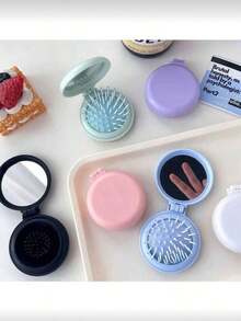 Foldable Travel Makeup Mirror Brush, With Detachable Mirror, Boar Bristle Massage Brush - Portable Design, Suitable For Women And Girls, Soft Tones (Mint Green, Pink, Light Purple Blue, Light Blue), Fashion Accessory, Structure, Hairstyling, Hairstyling Tools, Salon Beauty Travel Essentials, Hair Accessories, Summer, Vacation - Folding Air Cushion Comb Mirror - View 6