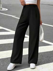 Pantalones rectos de cintura alta de color liso informal - Negro - Ver 4