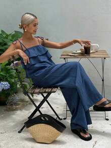 2026 2 piezas Conjunto de top con volantes y pantalones de cintura alta con lazo, conjunto casual de 2 piezas, conjunto de verano para mujer, conjunto de shorts para mujer - Celeste - Ver 11