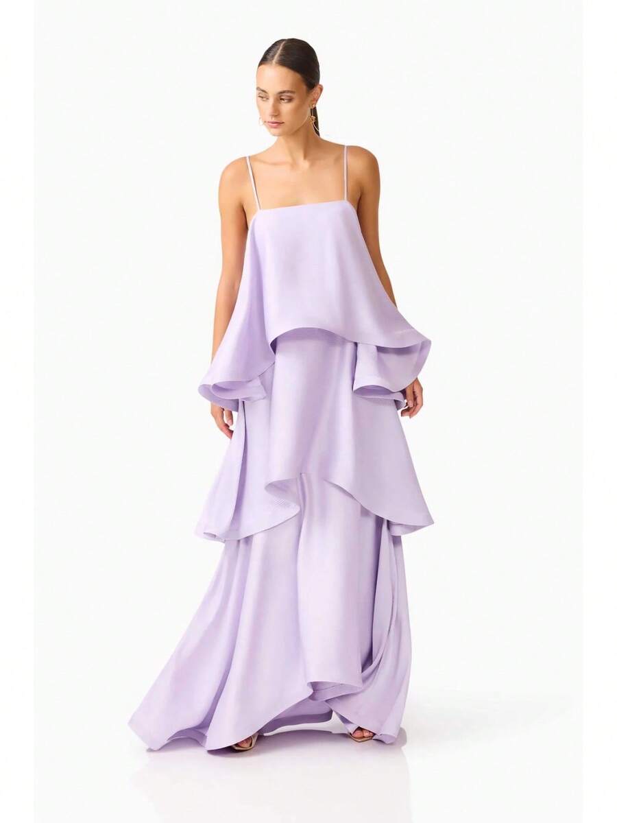 Women's Tiered Ruffle Strapless Maxi Dress, Satin Fabric For Formal Events & Galas - 淺紫色 - 查看 1
