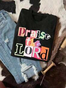 Fashionable Women's T-Shirts - Casual Graphic Print T-Shirt - Inspirational Message "Praise The LORD", Colorful Print, Soft Cotton Blend, Perfect For Casual Wear And Spiritual Expression - Everyday Wear - 黑色 - 查看 7