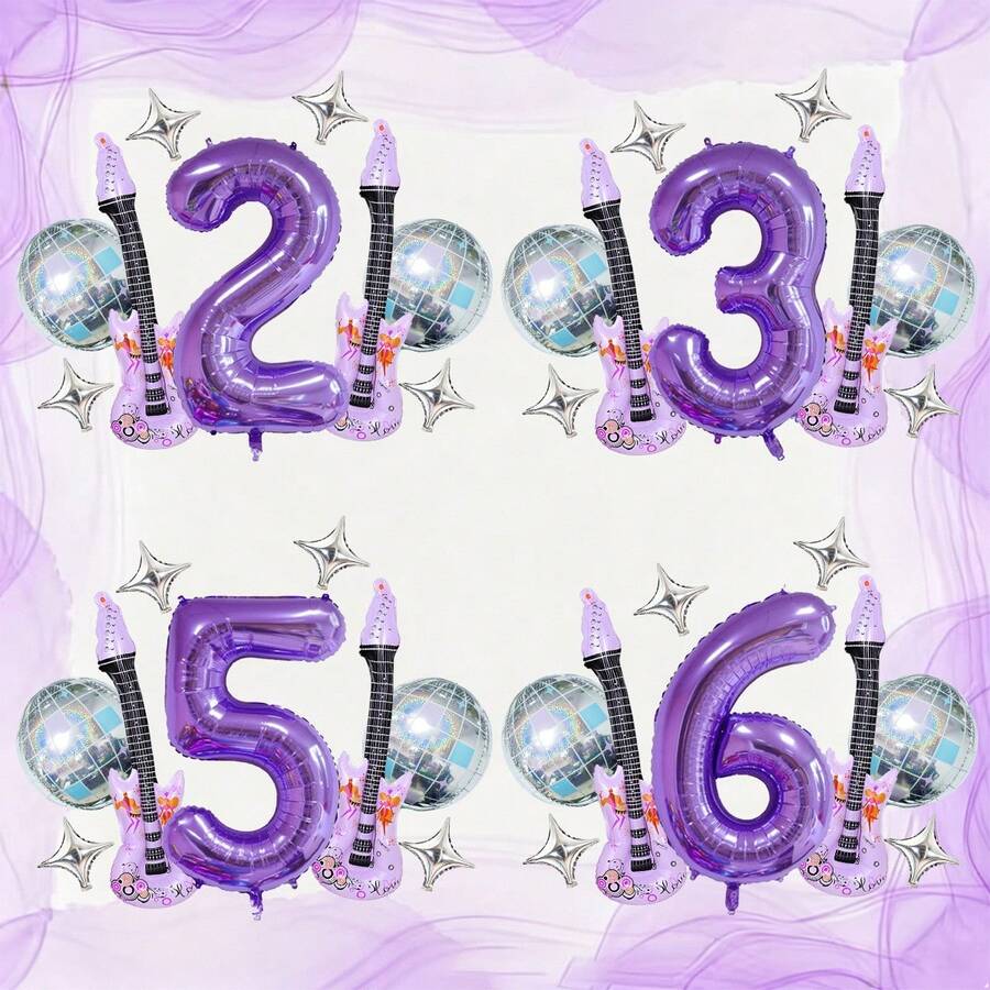 Set de 9 globos con temática de música K-Pop para cumpleaños, incluye números morados de 32" del 1 al 9, globo de discoteca, guitarra, globos de papel de aluminio con estrellas plateadas, adecuado para fiestas de cumpleaños con temática K-Pop, decoración de cumpleaños, decoración de discoteca, eventos con temática musical, fiesta de música, hip hop pop - Multicolor - Ver 1