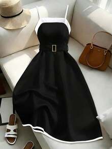 Vestido corto negro y blanco para mujer, vestido de primavera/verano con cinturón, vestido de moda, vestido midi negro, vestido elegante negro y blanco, vestido elegante para mujer, ropa de mujer, vestido de mujer, vestido formal, vestido de alta calidad, vestido impresionante - Blanco y Negro 3 - Ver 4