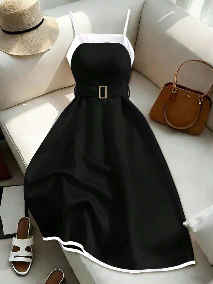 Vestido corto negro y blanco para mujer, vestido de primavera/verano con cinturón, vestido de moda, vestido midi negro, vestido elegante negro y blanco, vestido elegante para mujer, ropa de mujer, vestido de mujer, vestido formal, vestido de alta calidad, vestido impresionante - Blanco y Negro 2 - Ver 1