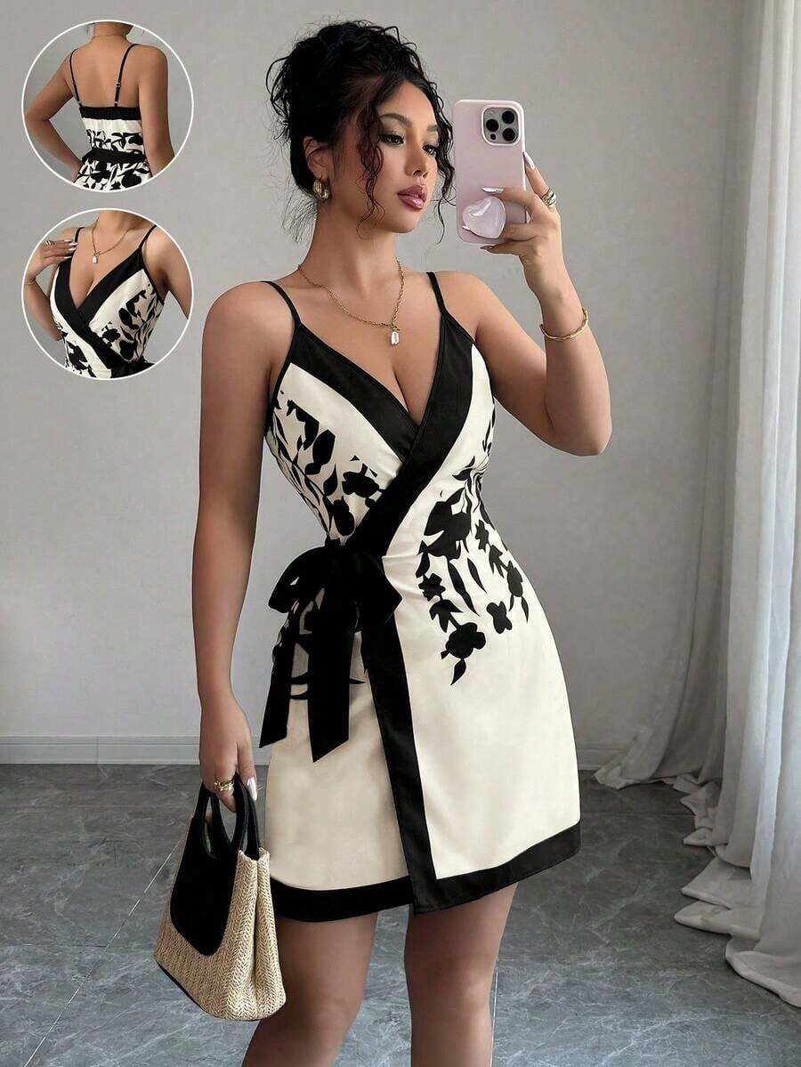 Vestido mini sexy y elegante con cuello en V estilo envolvente y estampado para mujeres - Multicolor - Ver 1