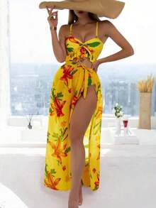 Swimsuits For Woman Summer Beach 3packs Floral Print Ruffle Hem Bikini Set & Beach Bikini Set - 黃色 - 查看 12