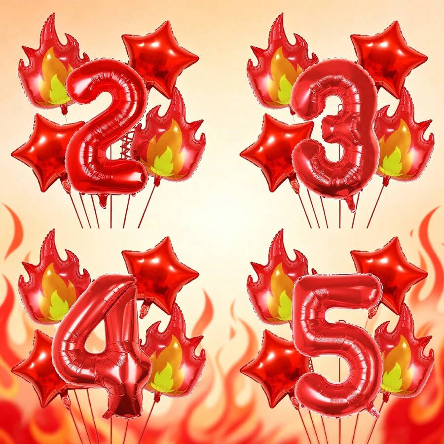 5pcs Fire Flame Balloon Set, Includes 32-Inch Red Number 0-9, Flame And Pentagram Foil Balloons, Suitable For Firefighter Theme Birthday Decoration, Bonfire Party, Flame Theme Decor, Festival Atmosphere Decoration, Room And Home Decor - Multicolor - View 1