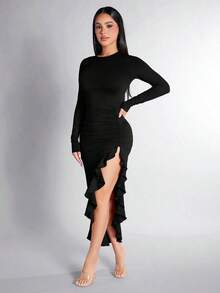 YHHSHEIN PETITE Vestido De Color Sólido Con Borde De Volante, Decorado Con Abertura Lateral.YHH - Negro - Ver 3