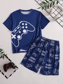 Conjunto de pijama de 2 piezas para niños de verano, azul oscuro minimalista con estampado de mando de juego/letra en blanco, manga corta + pantalones cortos, tela suave, ropa de estar en casa con tema de consola de juegos - Azul Marino - Ver 2