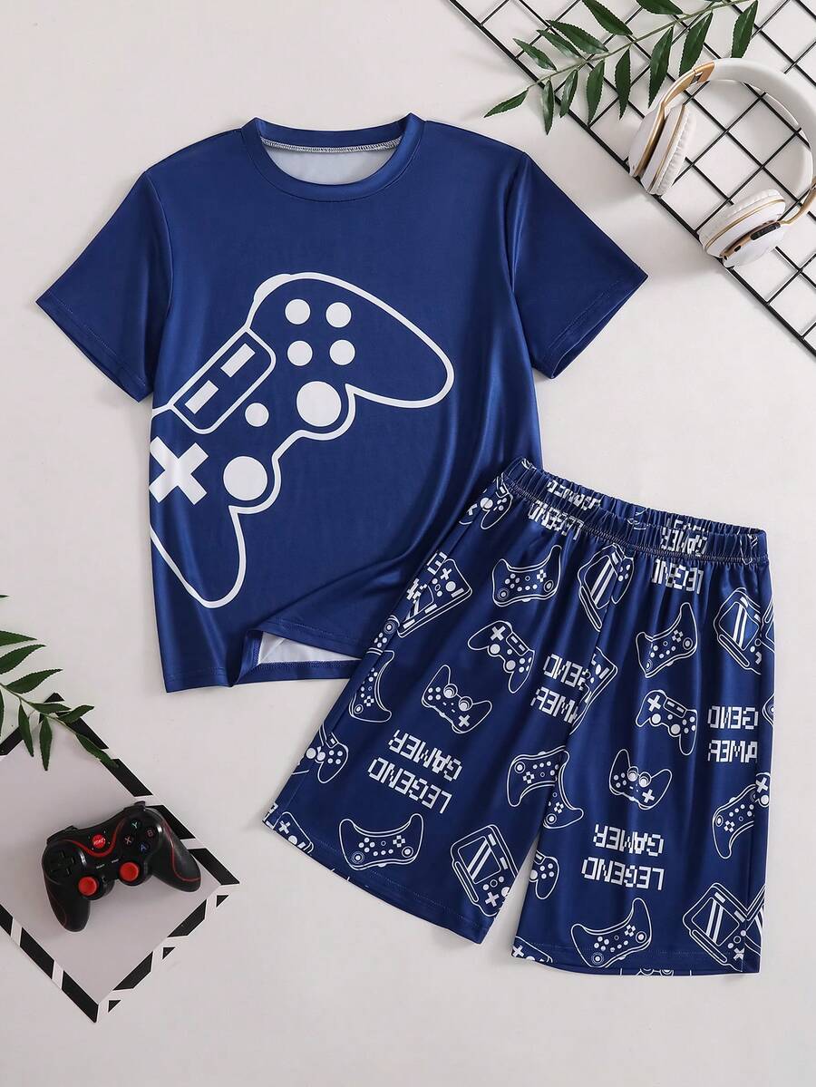 夏季男童深藍色極簡白色遊戲控制器/字母印花短袖+短褲睡衣兩件套,柔軟面料,遊戲主機主題居家服 - 藏蓝色 - 查看 1
