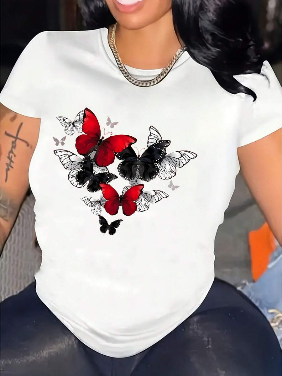 Camiseta manga corta cuello redondo 100% algodón, estampado trendy, tejido ligero y ventilado, estilo moda casual, apta para vida diaria, salidas informales y citas en primavera, verano y otoño - Blanco - Ver 1