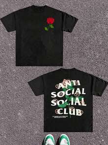 Camiseta de manga corta para hombre Graphic Rose Size Plus, 220g, 1 pieza, estilo casual, 100% algodón, ropa urbana, camiseta con estampado digital de doble cara, estampado floral estético. - Negro - Ver 1