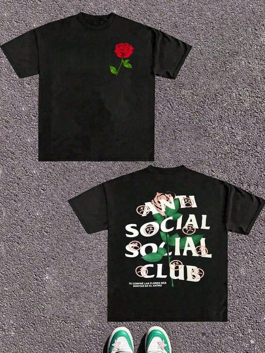 Camiseta de manga corta para hombre Graphic Rose Size Plus, 220g, 1 pieza, estilo casual, 100% algodón, ropa urbana, camiseta con estampado digital de doble cara, estampado floral estético. - Negro - Ver 1