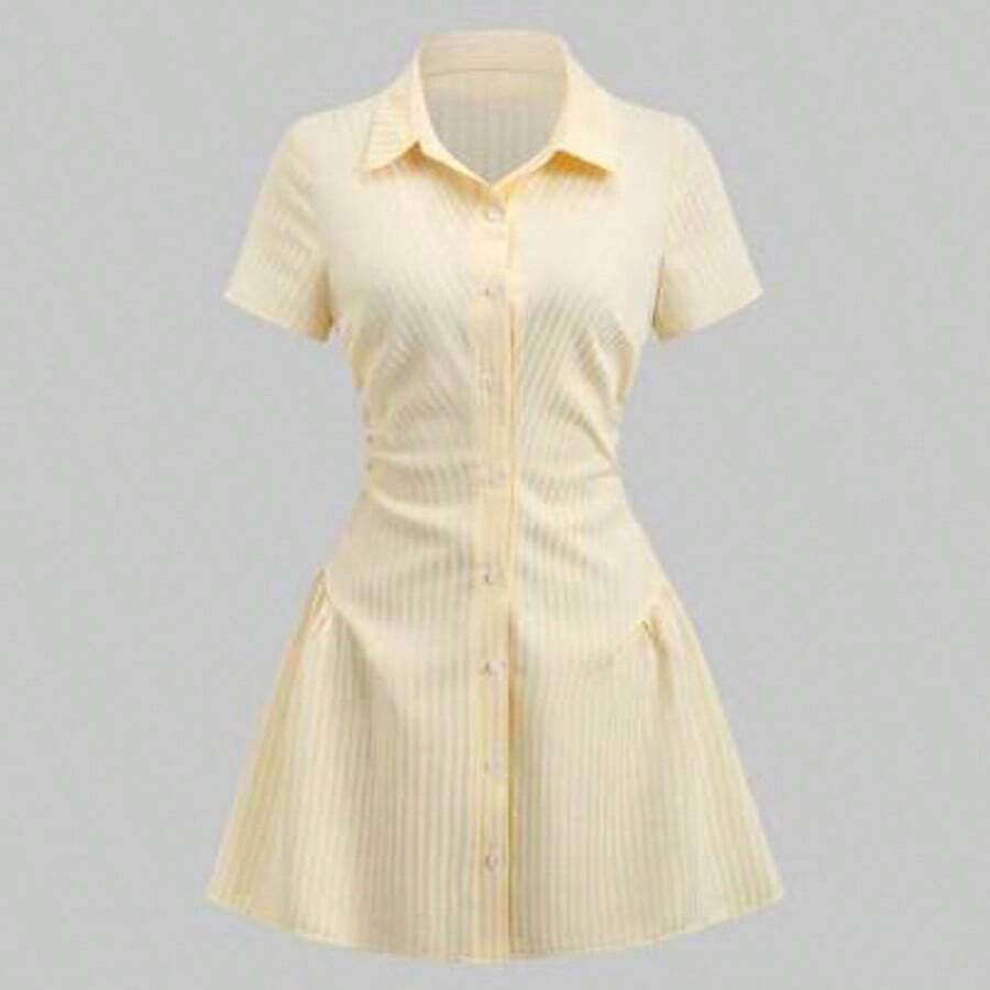 Sweetro Sweet & Fresh Pink Short Sleeve Shirt Dress, Waist Cinched Slimming Stylish Blouse Dress For Summer - Amarillo - Ver 1